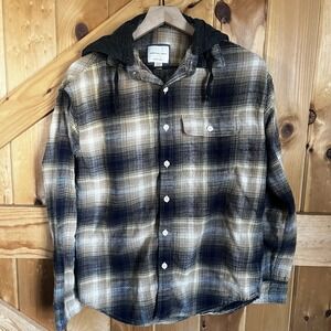 American Eagle Hooded Navy Brown Gray Plaid Flannel Men's Soft Shirt Size Small‎